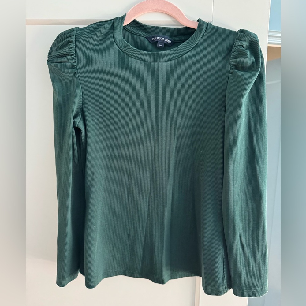 veronica beard dark green puff sleeve ribbed long sleeve top size small